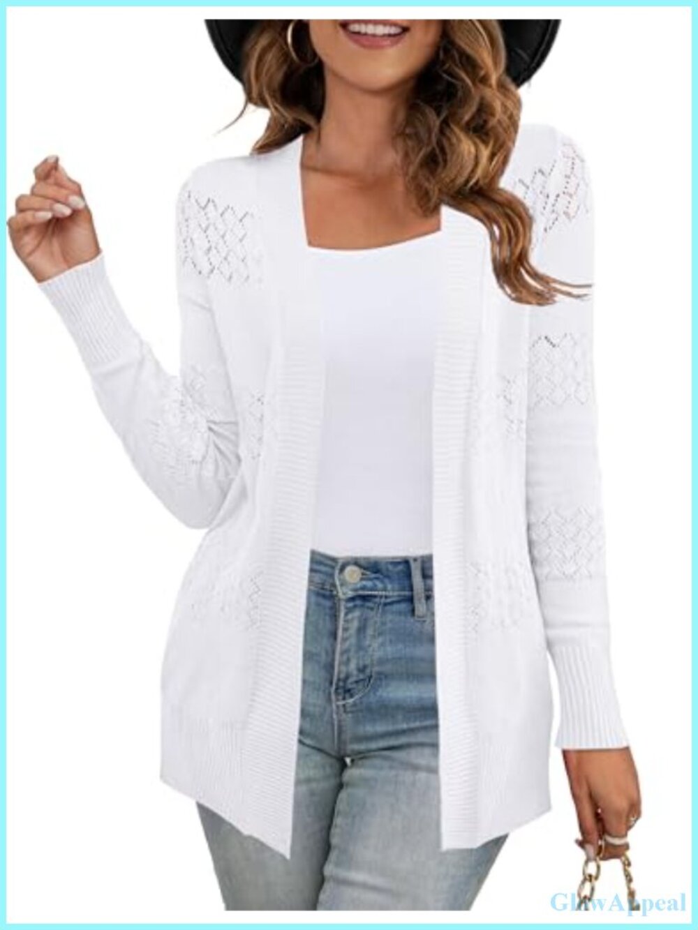 White Boho Crochet Knit Cardigan Open Front Lightweight Long Sleeve V-Neck